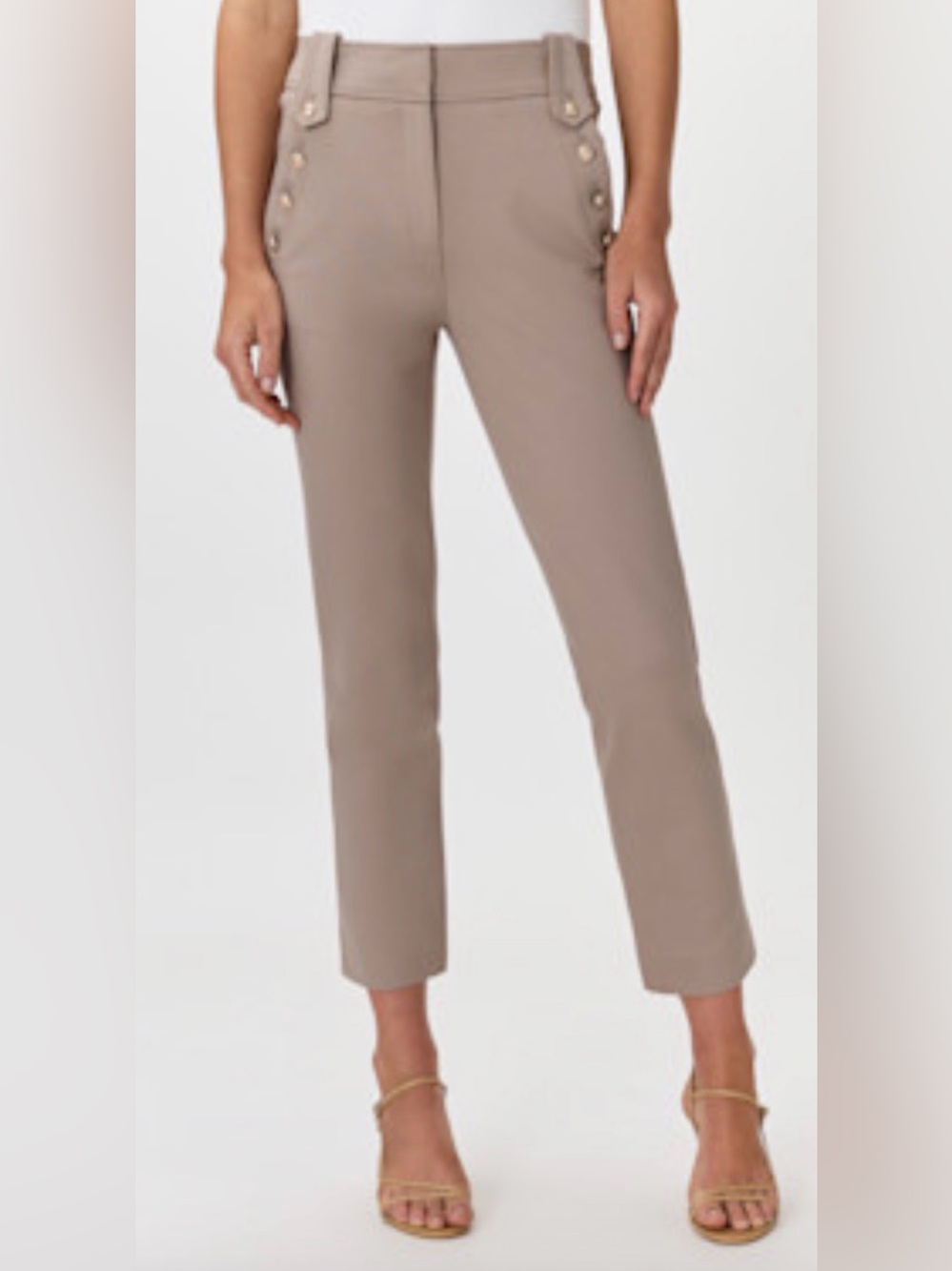 Quince Taupe High-Rise Slim Crop Pants with Side Button Detail